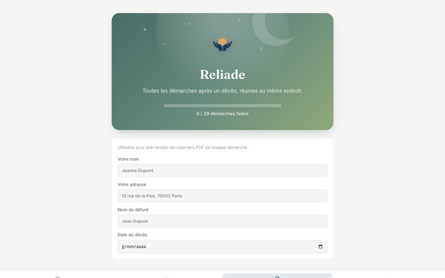 Onglet Mes infos de Reliade